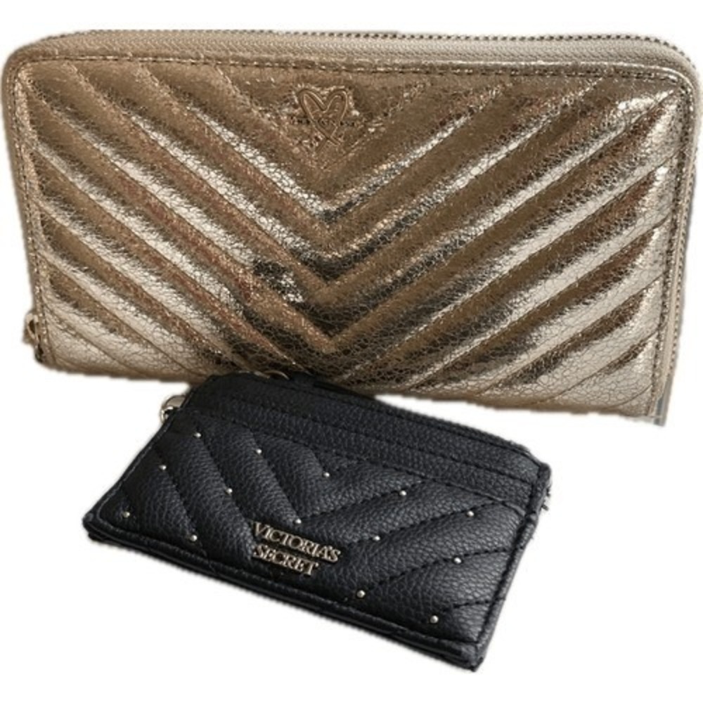 Victoria's Secret Gold Metallic Chevron Wallet & Black‎ Studded Card Case Set - Picture 2 of 11
